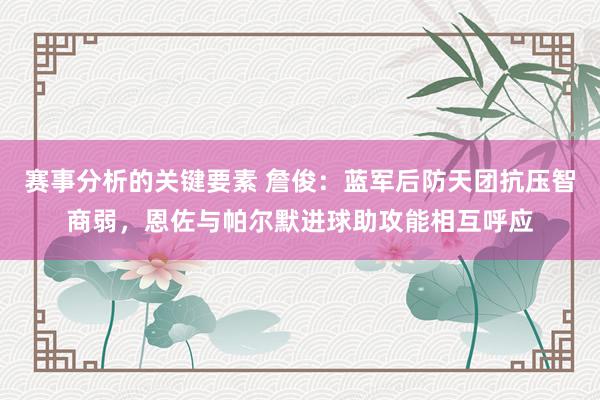 赛事分析的关键要素 詹俊：蓝军后防天团抗压智商弱，恩佐与帕尔默进球助攻能相互呼应